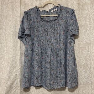 Rose & Olive Blue Floral Pintuck Ruffle Blouse